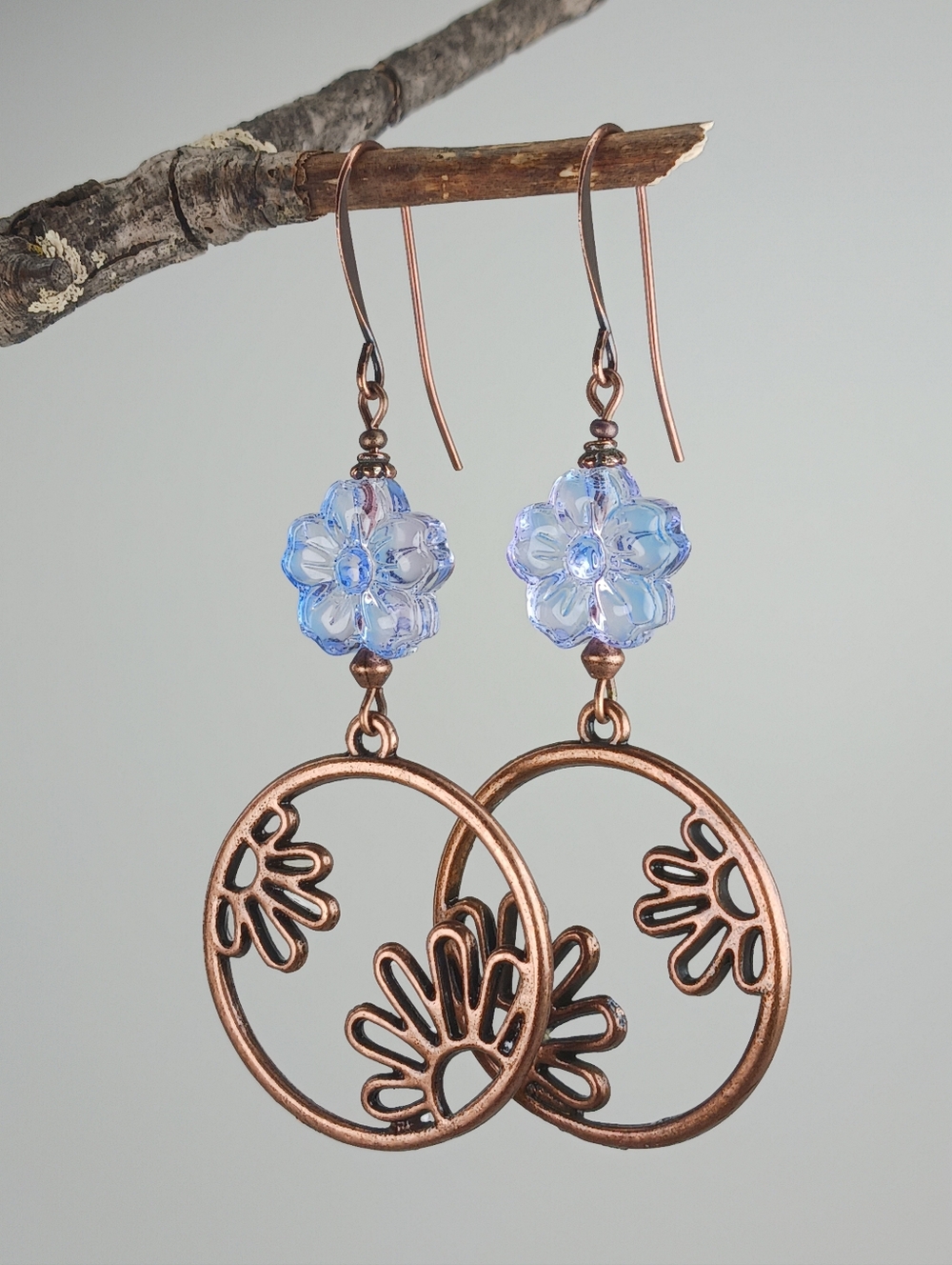 HAND CRAFTED Blue Czech Glass Flower Copper Dangle Earrings Boho Floral